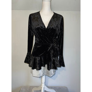 VTG Spense Black Velvet Wrap Tier Blouse S